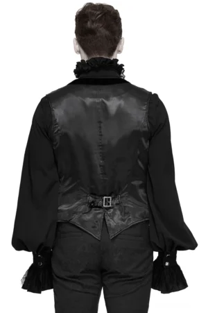 Schwarze Gothic-Herren-Anzugweste Rückansicht mit seidenartig glatter Innenseite und verstellbarem Taillengürtel mit Schnalle