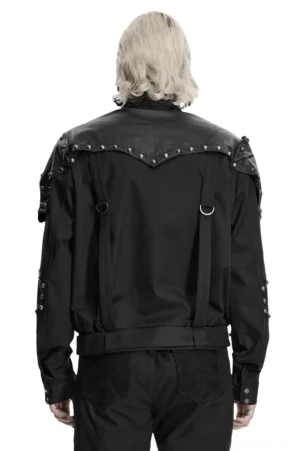 Schwarze Gothic Biker Jacke Rückansicht - dekoratives Lederyoke mit strategisch platzierten D-Rings, Schultergurte und vollständige Nietenarchitektur von hinten