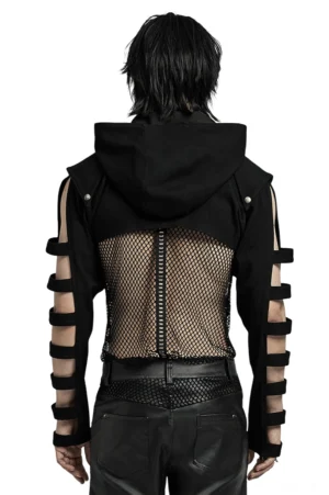 Schwarze Gothic-Cropped-Jacke Rückansicht mit ausgeschnittenen Ärmelriemen und nieten-besetzten Rückenpaneelen auf männlichem Modell, zeigt Details