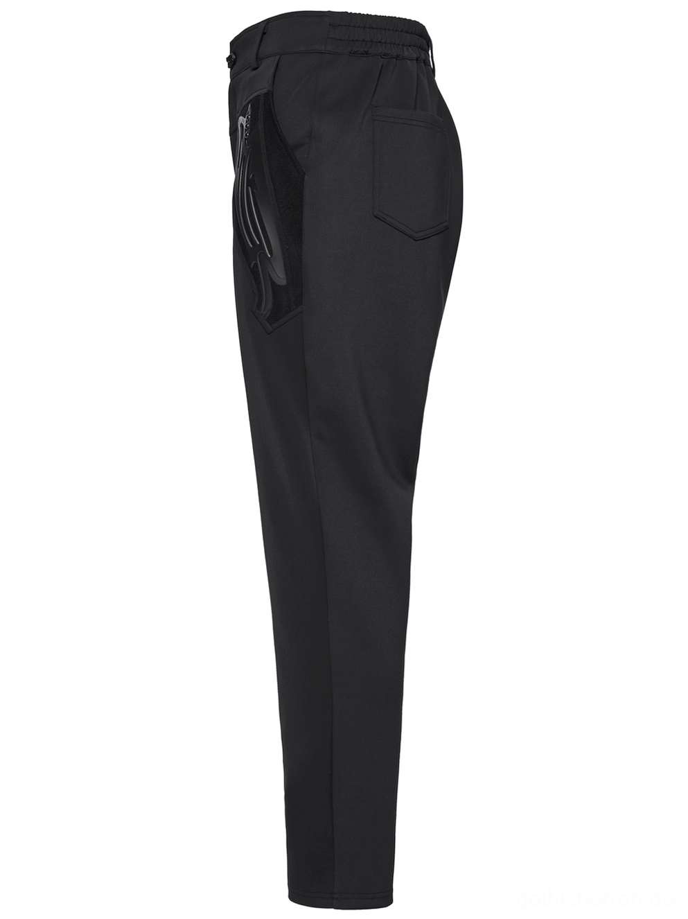 Schwarze Gothic Cyberpunk Strickhose Seitenansicht dreiviertelperspektive mit Flammen-Patch und verjüngtem Beinschnitt
