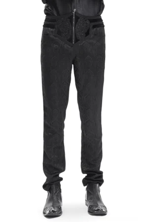 Schwarze Gothic Damast Slim-Fit Röhrenhose für Herren Vorderansicht, männliches Model trägt hochreißer schwarze Hose mit feiner Damast-Prägung auf weißem Studiohintergrund, elegante Alternative Mode