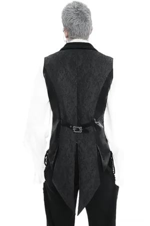 Schwarze Gothic Gehrock-Weste Rückansicht mit verlängertem Gehrock-Saum und verstellbarem Rückengurt