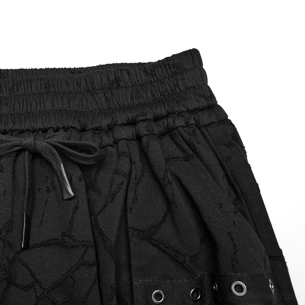 Schwarze Gothic Haremshose Nahaufnahme des elastizierten Taillenabschlusses mit Drawstring-Verschluss und Gewebestruktur