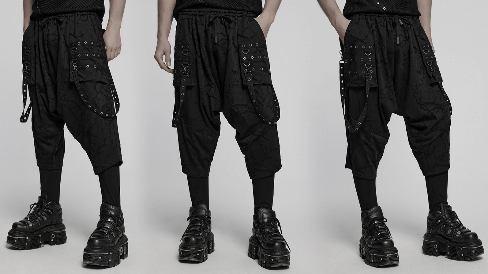 Schwarze Gothic Haremshose Utility-Tasche mit 3D-Konstruktion und Ösen-Verstärkung für funktionalen Gothic-Punk-Look