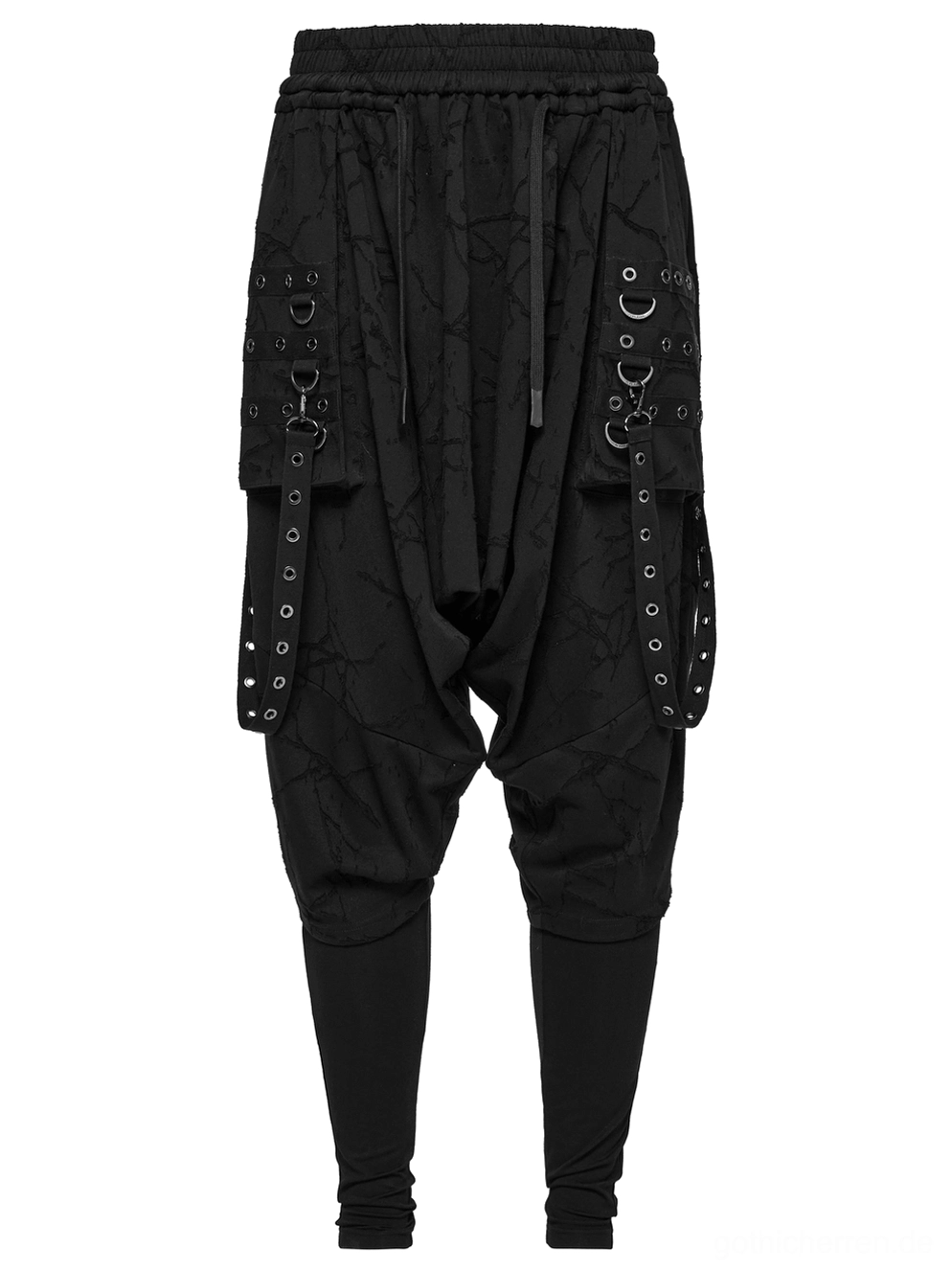 Schwarze Gothic Haremshose Flachlage Vorderansicht mit Ösen-verstärkten Taschenkonstruktionen und 3D-Utility-Taschen-Details