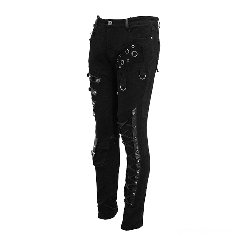 Schwarze asymmetrische Gothic-Hose Rückflachlage zeigt Lederschnürungen, Metallnieten, sternförmige Studs, dekorative Seitenschnallen, symmetrisches Hardware-Design und schlanke Taille