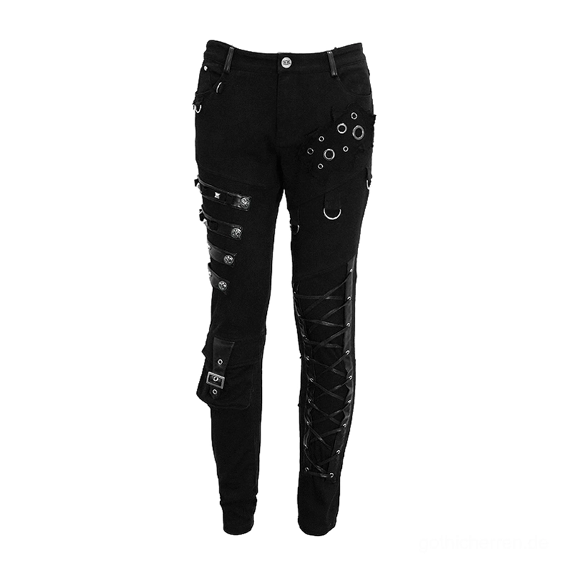Schwarze asymmetrische Gothic-Hose Flachlage Vorderansicht zeigt Metallösen, Lederschnürungssysteme an Wade, Schnallengürtel, funktionale Cargo-Taschen, präzise Verarbeitung