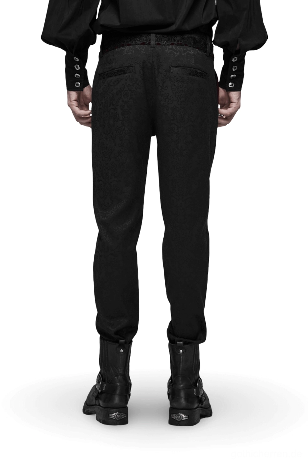 Schwarze Gothic Jacquard Slim-Fit Röhrenhose Rückansicht mit strukturierten Gesäßtaschen, taperer Beinform und detailliertem Spitzenbesatz am Bund