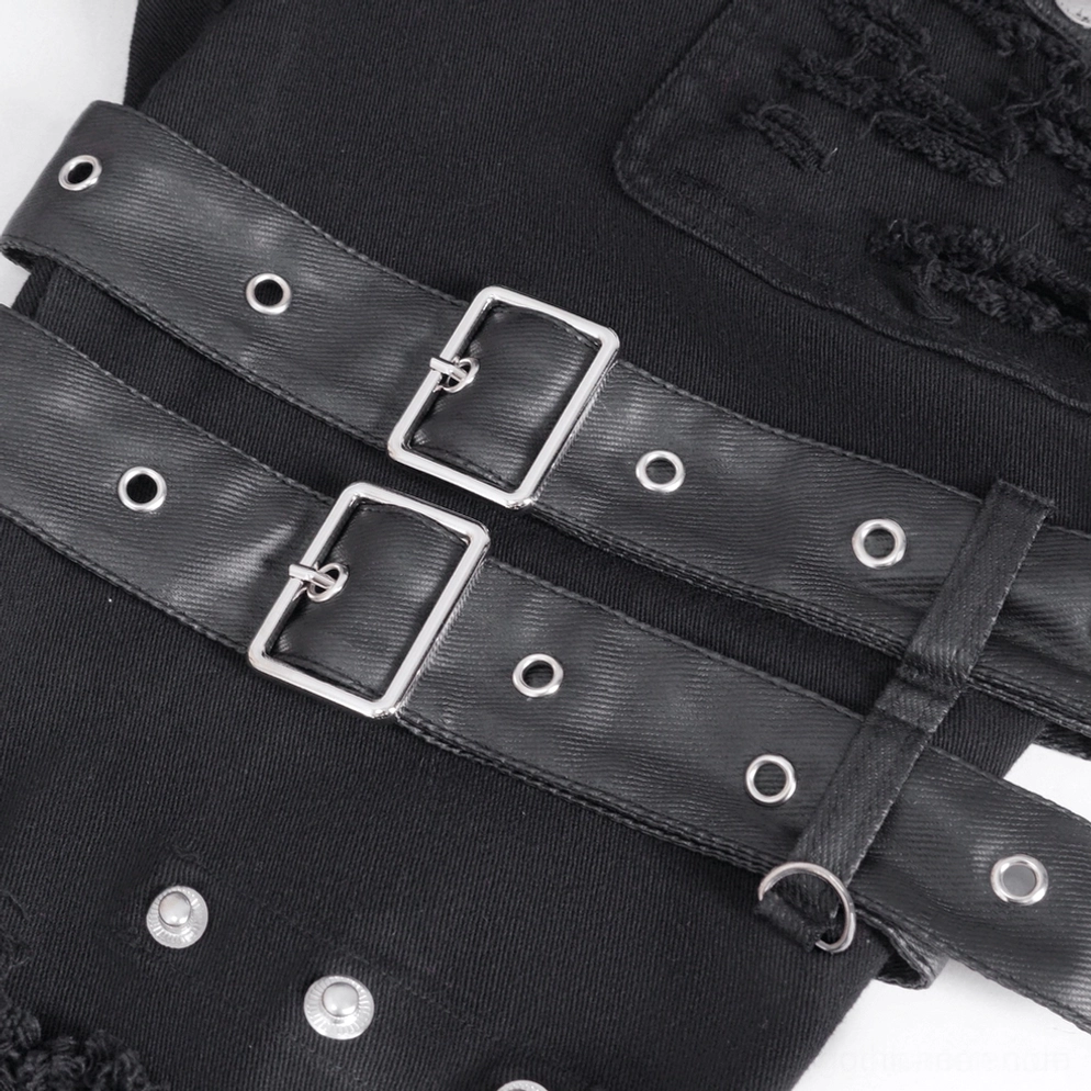 Schwarze Gothic Nieten-Jeans mit zerrissenen Oberschenkeln Kettenanhänger und industrieller Hardware-Verzierung