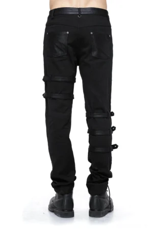 Schwarze Gothic Schnür-Jeans Rückansicht mit ledergefütterten Gesäßtaschen und taktischen Bein-Schnallengurt-Details, Steampunk-Style