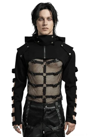 Schwarze Gothic-Kapuzen-Cropped-Jacke mit hohlen Ärmelriemen, Vorderansicht auf lebendem männlichen Modell in Studio, zeigt volles Design und Passform