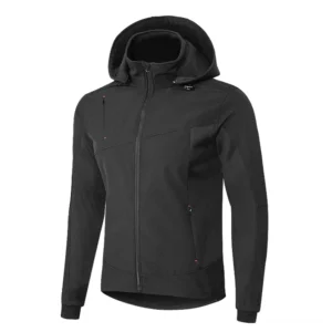 Schwarze Gothic winddichte Kapuzenjacke Flachaufnahme mit verstellbarer Kapuze und Nahtkonstruktion Detail