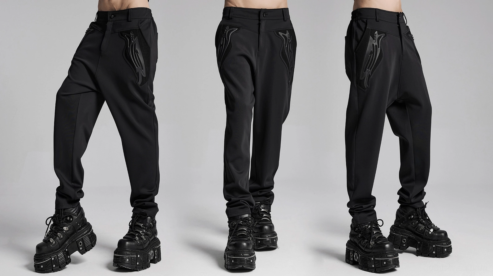 Schwarze Gothic Knit-Hose Größentabelle und Vergleichslayout zeigt mehrere Größen nebeneinander für Passform-Orientierung