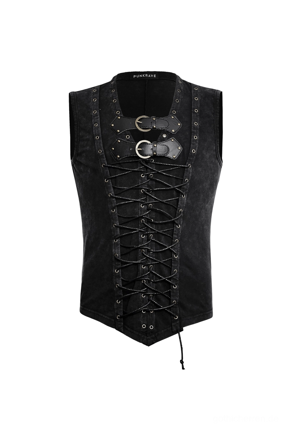 Schwarze Gothic Lace-Up Korsett-Weste Frontflachansicht mit antiken Messingschnallen, gewaschenes Baumwoll-Konstruktion, geflochtener Schnürkordel, kompletter Verschluss-Mechanismus