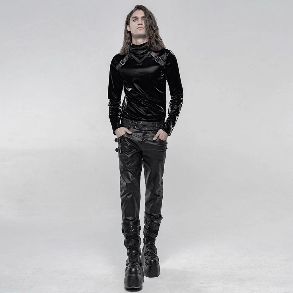 Schwarze gothische Kunstlederhose Flat-Lay vollständiges Seitenschnallengurt-System mit Proportionen und strukturellen Details