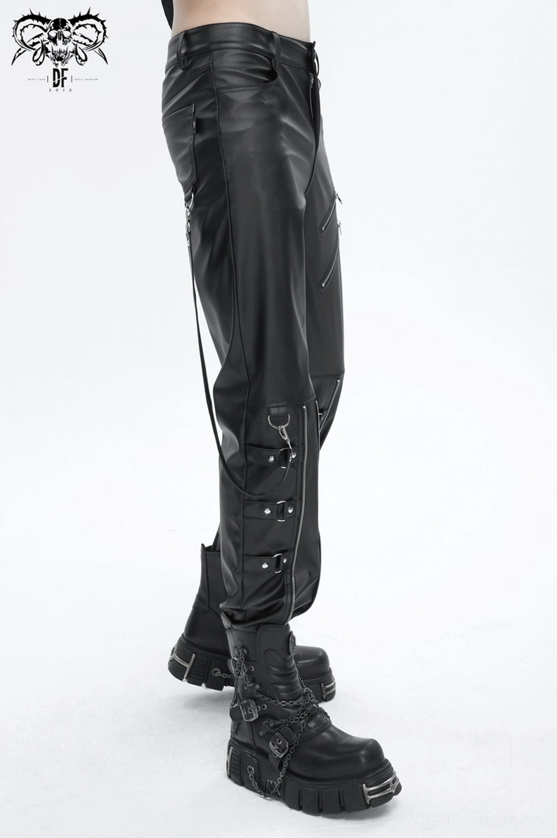Schwarze Gothic Kunstlederhose mit kompletter Vorderansicht und allen Designmerkmalen wie Schnallen, Reißverschlüssen und Taschen sichtbar