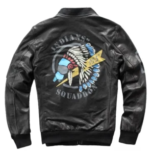 Schwarze echte Lederbiker-Jacke mit indischem Head Squadron Print Rückansicht - Gothic Motorradjacke Hinterdruck