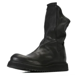 Schwarze Gothic-Lederstiefel Linksansicht – echtes Rindsleder Mid-Calf-Stiefel mit mattem Finish und rundem Zehenbereich