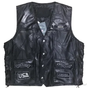 Herren schwarze Gothic-Motorrad-Lederweste Frontansicht mit V-Ausschnitt und Druckknopfverschluss ärmellos Design