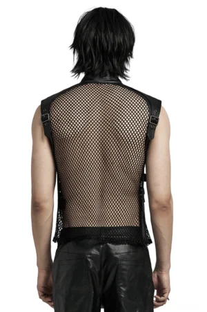 Rückansicht schwarzer Gothic-Mesh-Weste mit vollständigem Netz-Rückenpanel und Leder-Schulterbetonung, zeigt durchscheinende Fischnetz-Textur