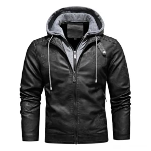 Schwarze Kunstleder Gothic Moto Kapuzenjacke mit Fleece-Futter - Vorderansicht des Herrenmotorradjacke mit gestepptem Design und Doppelreißverschluss