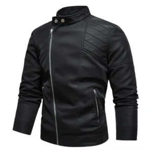 Schwarze gotische Motorradjacke mit Stehkragen und diagonaler Reißverschluss Vorderansicht Kunstleder