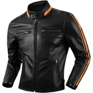 Schwarze Echtleder Gothic Motorradjacke mit Stehkragen und orange Ärmeln Frontansicht – Premium Rindsleder mit strukturierter Oberfläche und kontrastierendem Design
