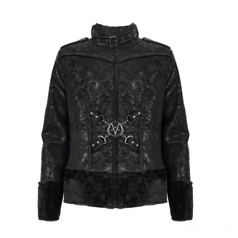 Flachansicht Vorderseite schwarze Gothic Jacke mit Pentagramm Metallembleme und Kunstfellbesatz