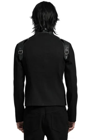 Schwarze Gothic-Punk-Jacke Rückansicht auf männlichem Modell mit Schulter-Harness-Riemen und taillierter schlanker Silhouette – Details der Rückseite der rebellischen Biker-Jacke