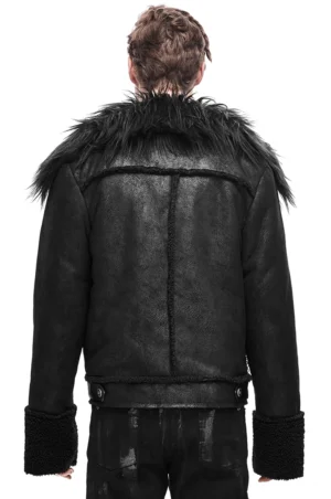 Schwarze Gothic-Punk-Lederjacke Rückansicht mit genähter Rückseite und Kunstlammfellmanschetten auf schwarzer Hose