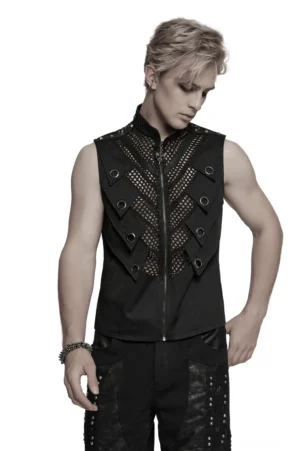 Schwarze Gothic Punk Mesh Weste mit Metallösen – Frontansicht auf männlichem Model, zeigt Stehkragen, Reißverschluss und Mesh-Fischkiemen-Design