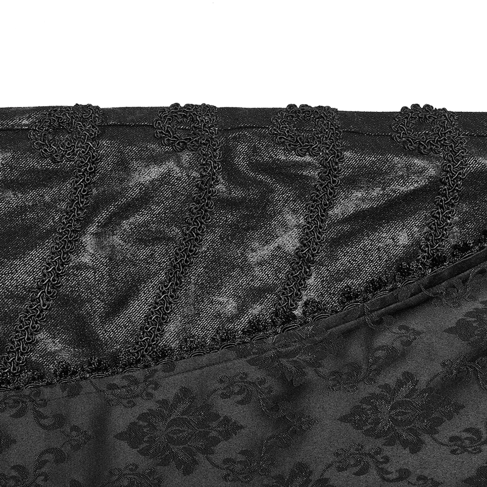 Schwarze Gothic-Röhrenhose mit Jacquard-Damast und Spitzenborten Spitzenborten Detailansicht zeigt geflochtene Spitzenborten-Konstruktion an Seitennähten