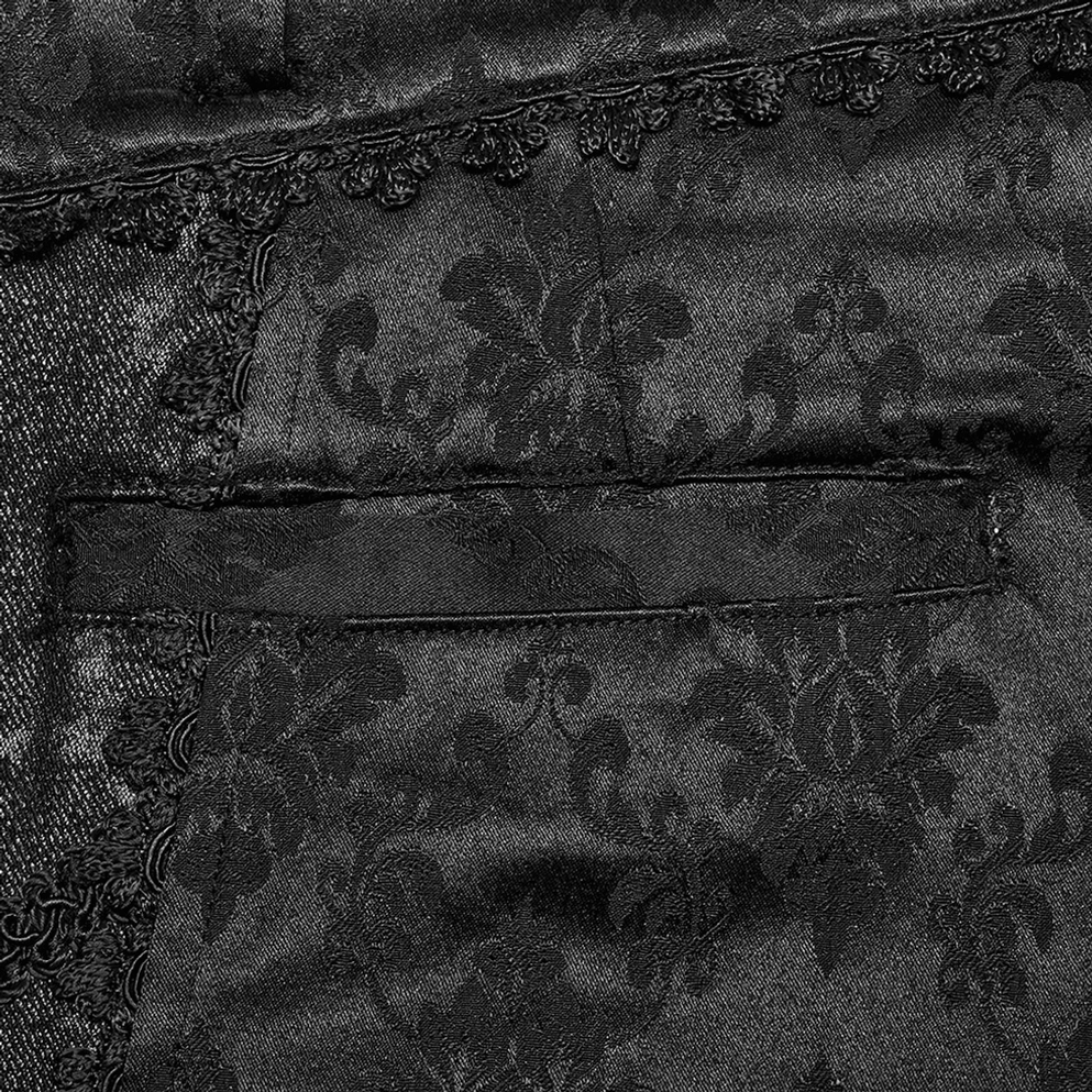 Schwarze Gothic-Röhrenhose mit Jacquard-Damast und Spitzenborten Vordertasche Detail zeigt damastiertes Muster und Spitzeneinfassung