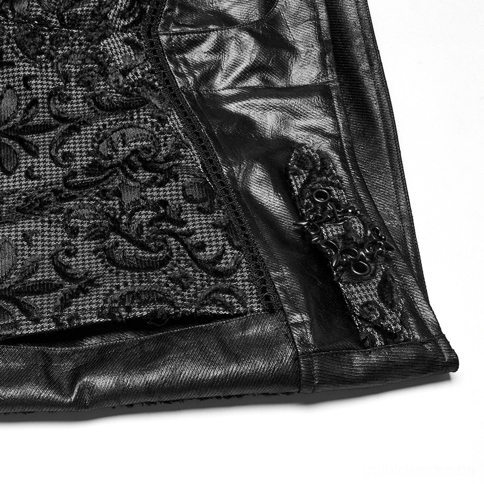Seitenprofilansicht der schwarzen Gothic Slim-Fit Röhrenhose mit Ledertaille und vollständiger Spitzenabdeckung, zeigt verjüngten Beinschnitt