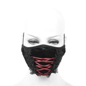 Schwarze Gothic-Samt-Maske mit rotem Korsett-Schnürdesign getragen auf Mannequin – Frontalansicht mit vollständiger Gesichtsbedeckung und feinen Details