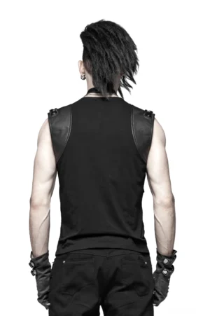 Schwarze Gothic Skelett-Weste Rückansicht männlicher Model zeigt durchgehenden festen Rückenpanel und Slim-Fit Silhouette