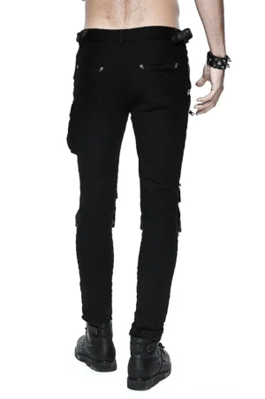 Schwarze gothische Röhrenhose mit braunen Akzenten in Rückansicht am männlichen Model, komplette Rückseite zeigend mit seitlichen Cargo-Pockets