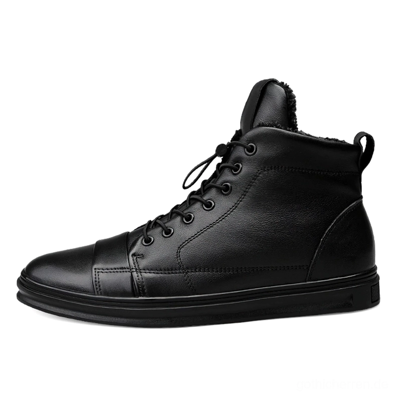 Schwarze Gothic Stiefel Seitenprofil Fersenlaschen Detail Fleece Innenfütterung Material