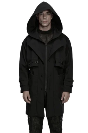 Schwarze Gothic Techwear Jacke mit abnehmbarer Kapuze Frontansicht auf männlichem Modell, metallische Ösen-Akzente, durchgehender Reißverschluss, strukturierte Silhouette, Cyberpunk Industrial Style