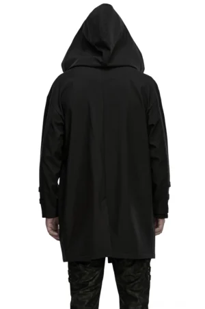 Rückansicht schwarze Gothic Techwear Jacke mit sauberen hinteren Nähten, lange Ärmel, matte wasserdichte Polyester-Textur, Kapuze Design, symmetrischer Rücken-Panel