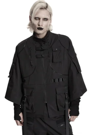 Vorderansicht der schwarzen Gothic Techwear Utility Jacke mit taktischen Riemen, Stehkragen und durchgehendem Reißverschluss, modelliert von vorne zur optimalen Silhouetten-Darstellung