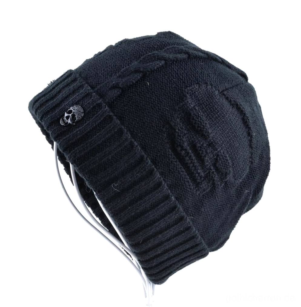 Schwarze gothic totenkopf beanie mit eingerollter krempe, geprägtem schädelmuster und metallschädel-tag seitenansicht