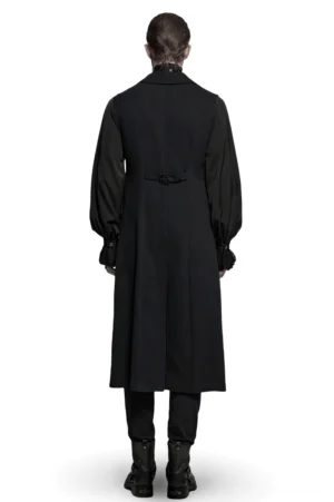 Schwarze Gothic Vampire Gentleman Anzugweste Rückansicht auf Model – verstellbare Rückenschnalle und lange Saumlänge, Elegant drapes