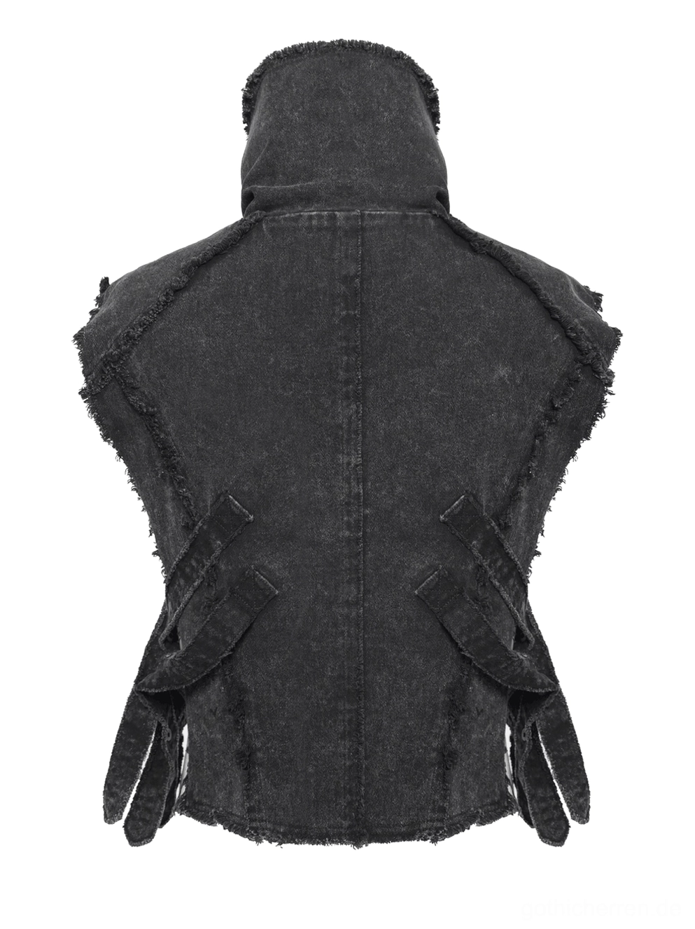 Schwarze Gothic Weste Flat-Lay Rückseite mit Strap-Details an der Taille, hochem Stehkragen, ausgefranzten Hemmsäumen und gewaschener schwarzer Denimtextur
