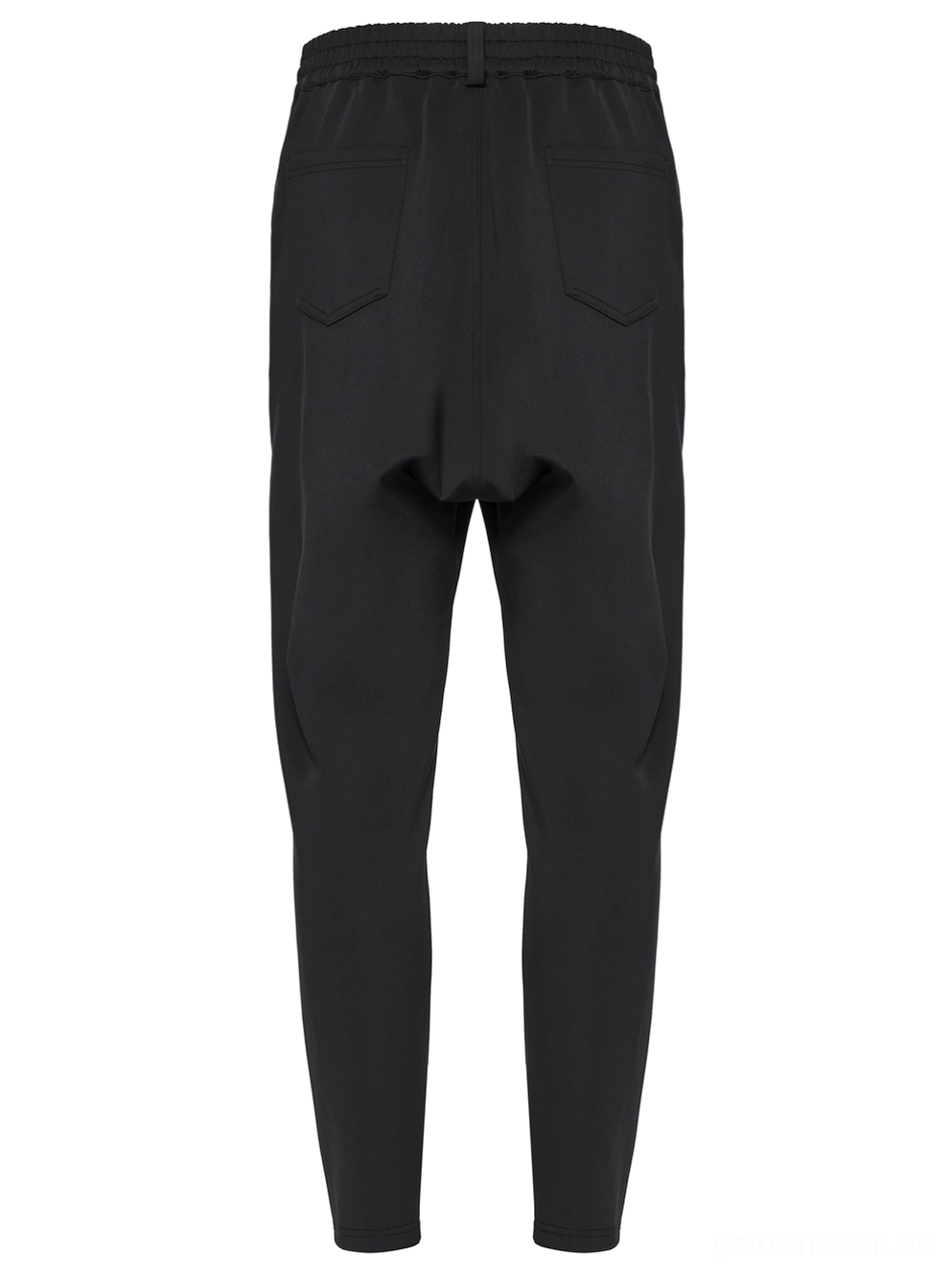 Schwarze Hose mit Rivet-Details Rückansicht Flatlay mit Rückentaschen und elastischem Bund in dunkler Farbe