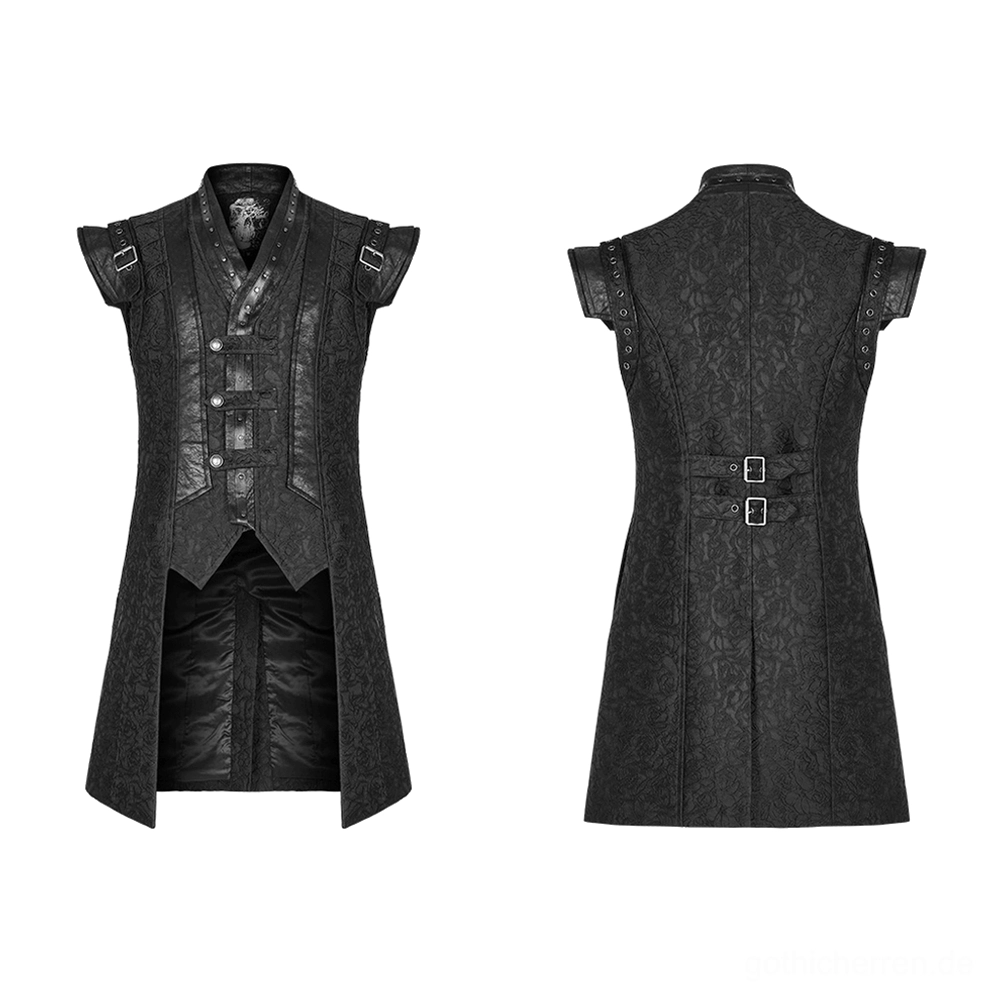 Schwarze Jacquard-Weste Flachlage Front- und Rückansicht mit Stehkragen, Knopfblende und hinteren Taillenriemen, Gothic Anzugweste Herren