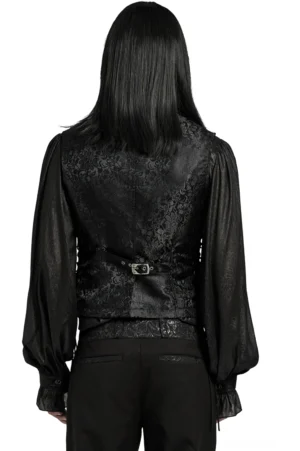 Schwarze Jacquard Gothic Weste Rückansicht auf Model, zeigt verstellbaren Rückgurt mit Schnalle und Seitenschnürung Details