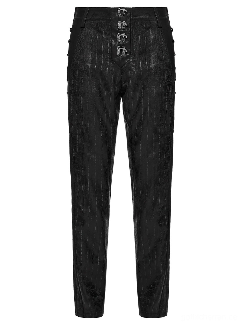 Schwarze rissige Kunstleder-Steampunk-Lederhose Vorderansicht Flat-Lay mit Metallfastenern und feinem Pinstripe-Muster, Gothic Stil