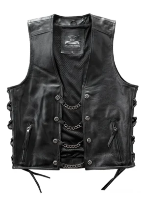 Schwarze Leder-Gothic-Bikerweste mit Vorderansicht, mehrschichtiger Kettenbesatz, Druckknöpfen und seitlicher Schnürung für industrielle Gothic-Ästhetik