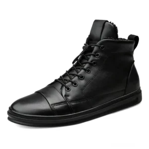 Schwarze echte Leder Gothic Combat Stiefel Herren Vorderansicht Schnürverschluss Plüsch Innenkragen